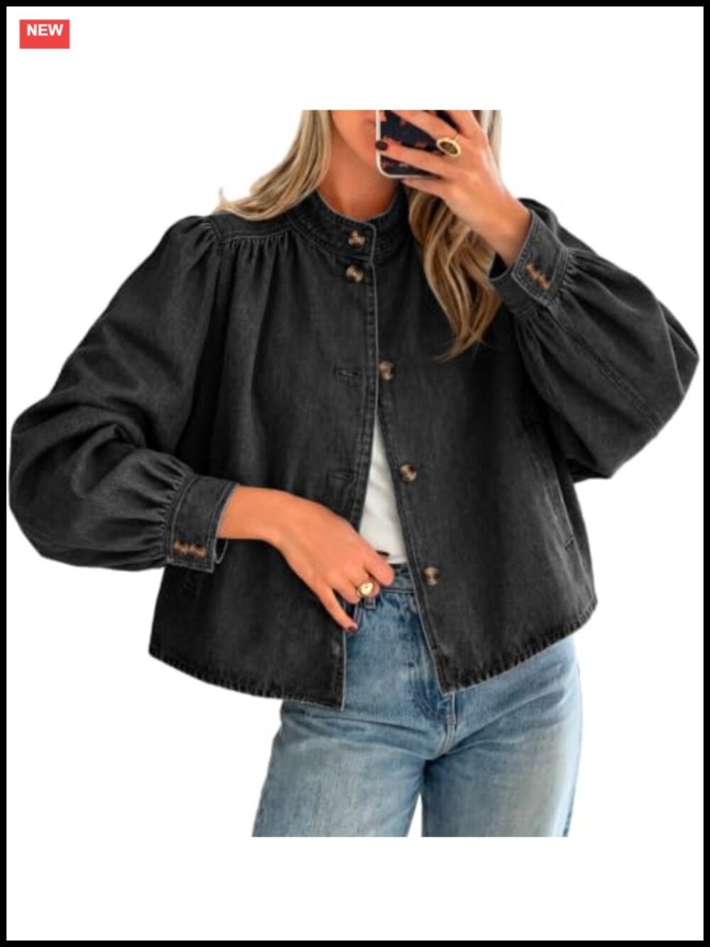 Puff Sleeve Jean Jacket, Button Down Denim Jacket, Loose Fit Casual Coat